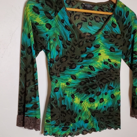 Playful Peacock Brightly Colored Leopard Blend V-Neck with Lace Edging - Picture 5 of 13